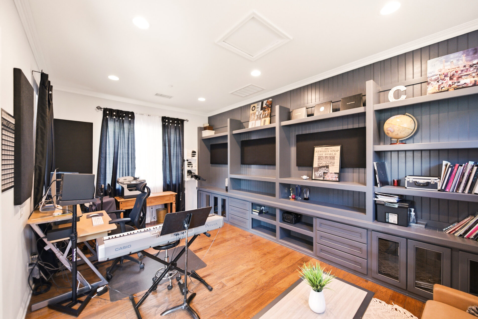 Music studio with built-in shelving